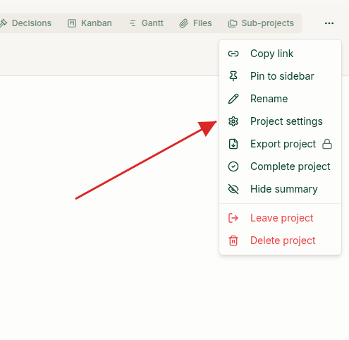Project three-dot menu open, with a red arrow pointing to Project settings