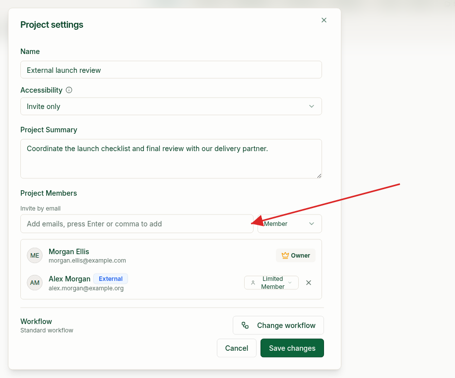 Project settings with a red arrow pointing to the Invite by email field in Project Members