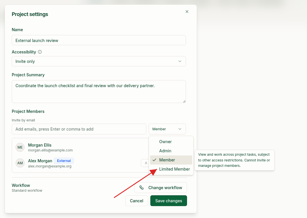Project member role dropdown open, showing Member and Limited Member with a red arrow pointing to the selector