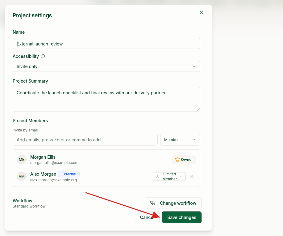Project settings with a red arrow pointing to Save changes