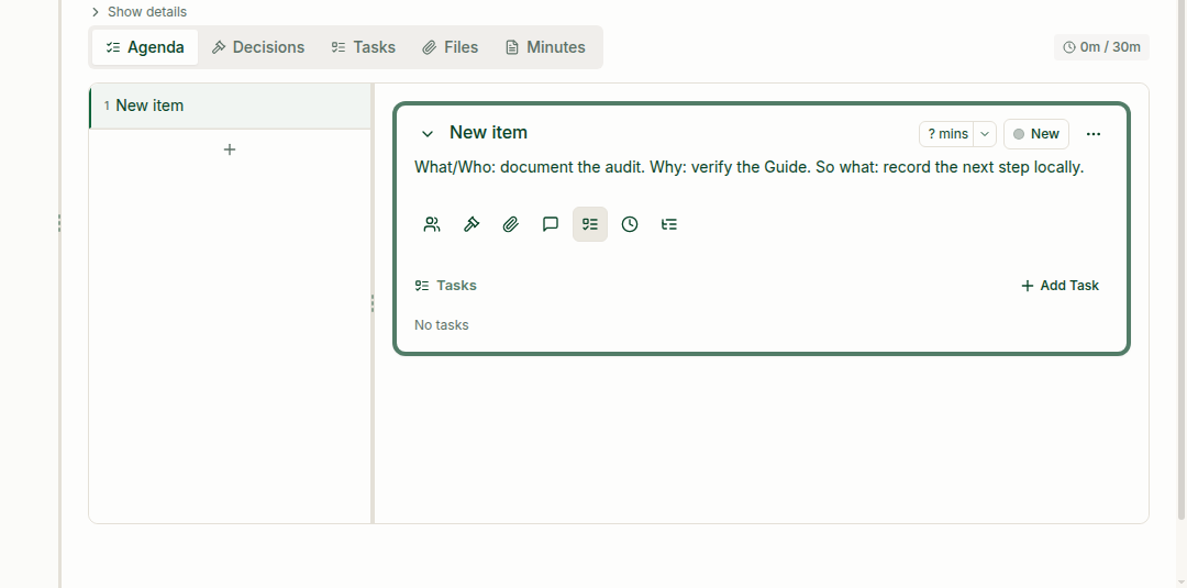 Agenda item with its Tasks panel open and Add Task available