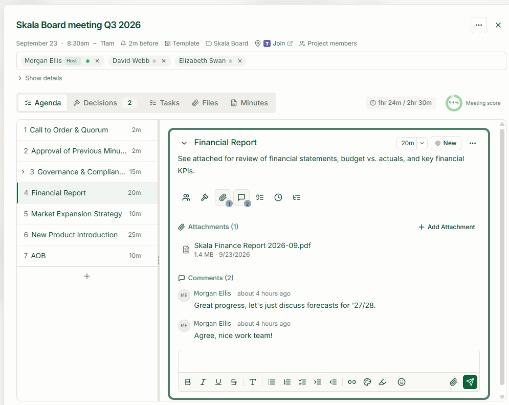 Skala board meeting with demo attendees Morgan Ellis, David Webb and Elizabeth Swan, a 93% meeting score, and a prepared financial report agenda item with an attachment and comments