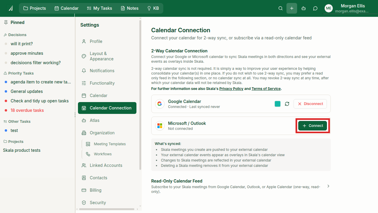 Calendar Connection settings with the Microsoft Outlook Connect button highlighted in red