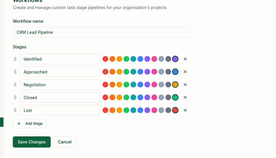 Existing CRM Lead Pipeline workflow with Identified, Approached, Negotiation, Closed and Lost stages, colour choices, Add Stage and Save Changes