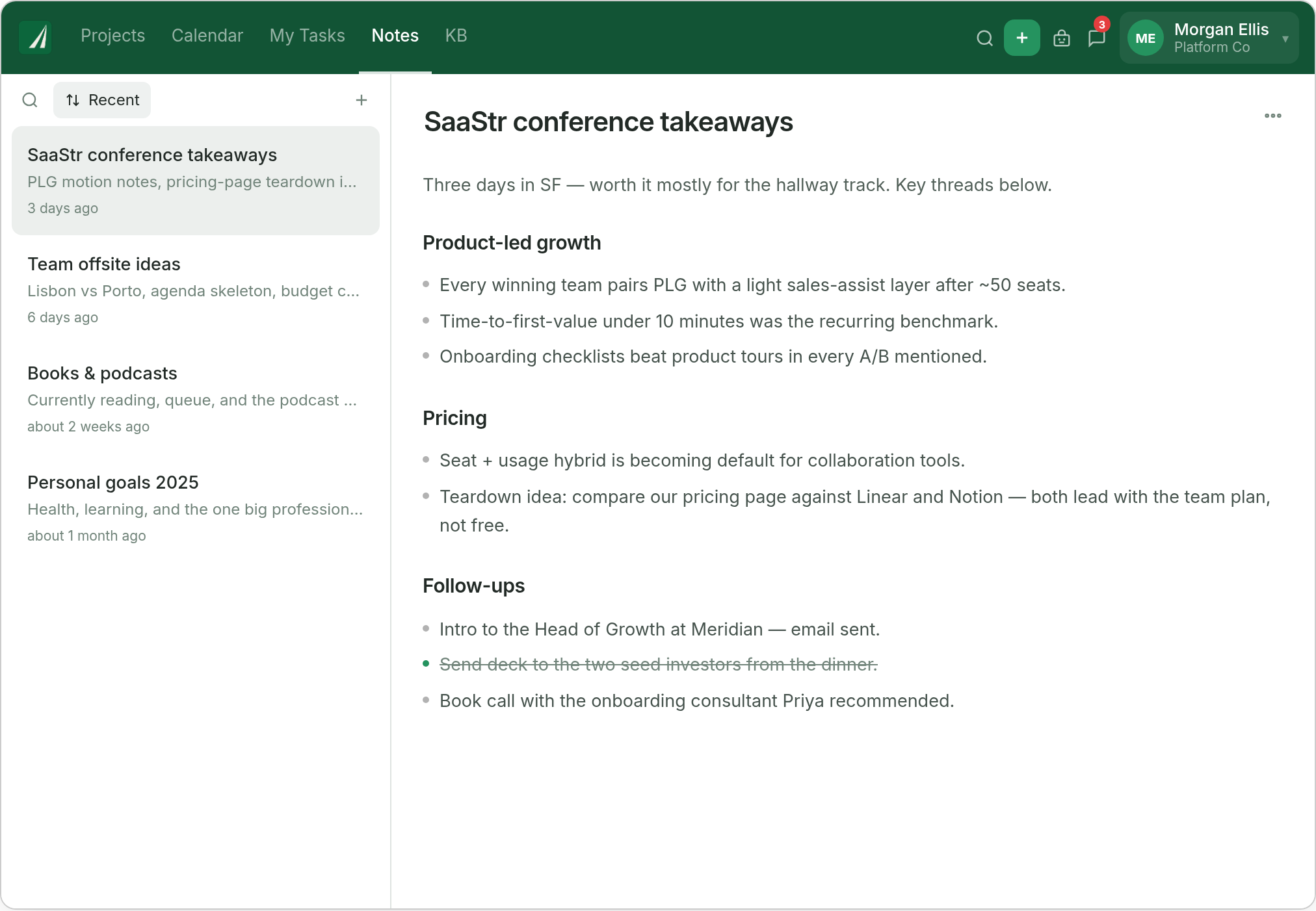 Skala Notes page with the notes sidebar and an open working note