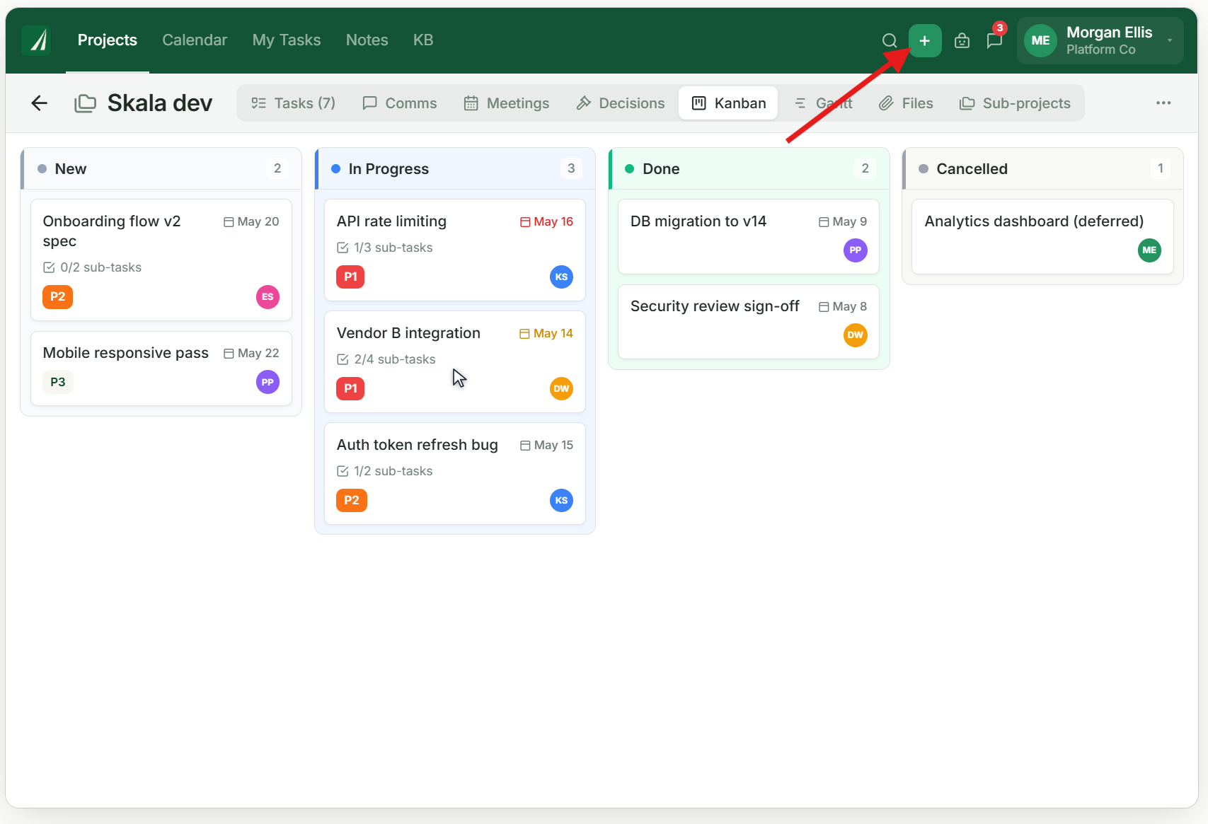 The Skala project page with an arrow pointing to the create button