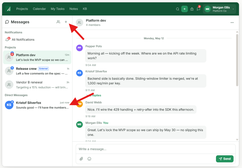 Skala Comms with arrows pointing to start a conversation and an existing direct message