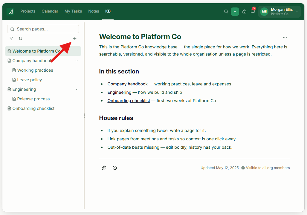 Skala Knowledge Base with an arrow pointing to the add-page button