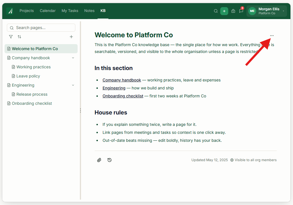 Skala Knowledge Base with an arrow pointing to the page settings menu