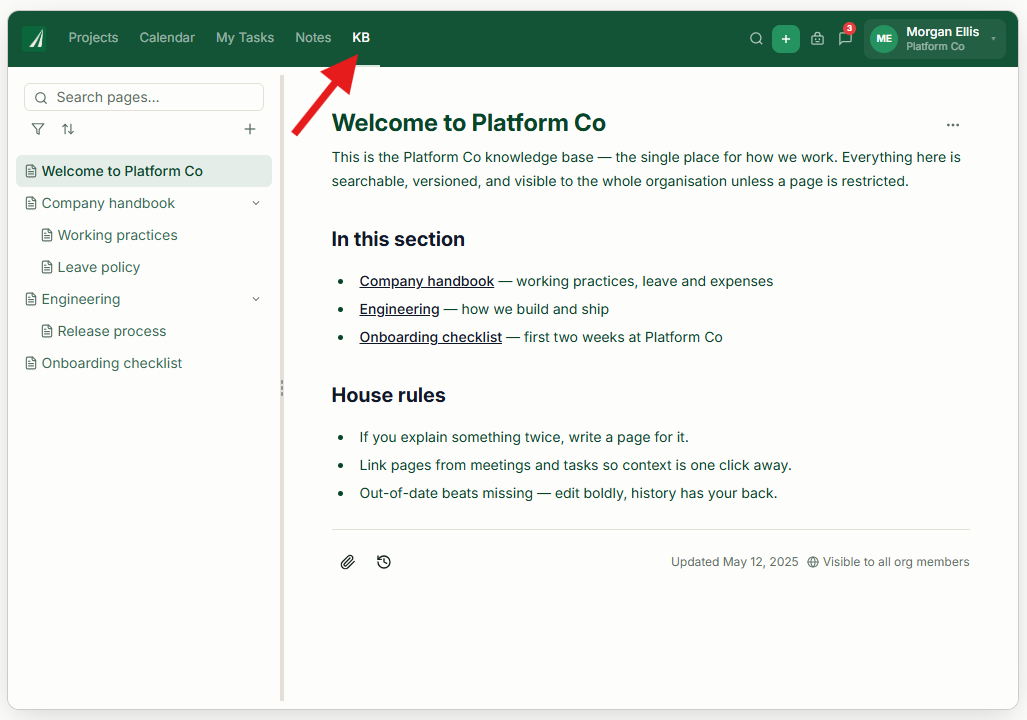 Skala Knowledge Base with an arrow pointing to the KB navigation tab