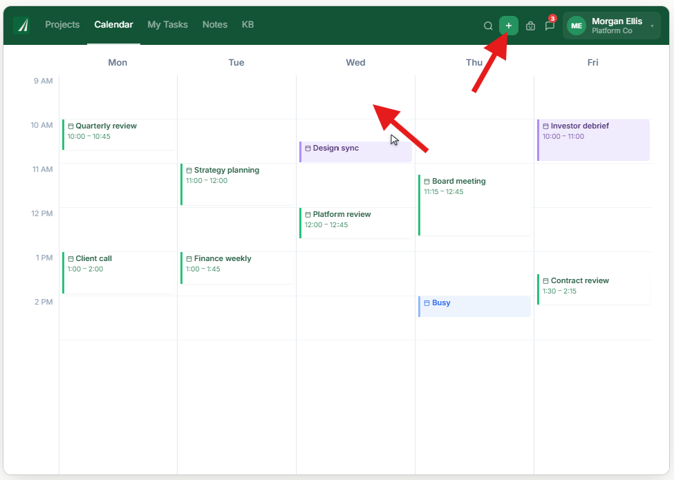 Skala Calendar with arrows pointing to a calendar time and the add button