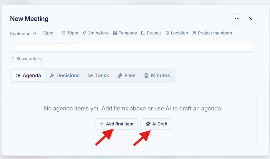 Empty Meeting Agenda with Add first item and AI Draft highlighted