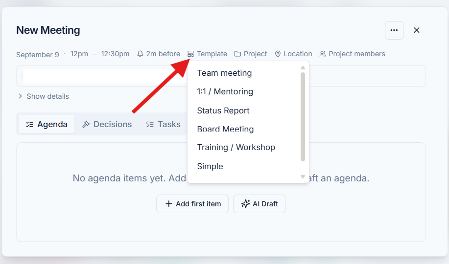 Meeting Template menu with several available templates