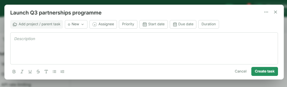 Skala task editor with title, assignee, priority, dates, duration, description and Create Task controls