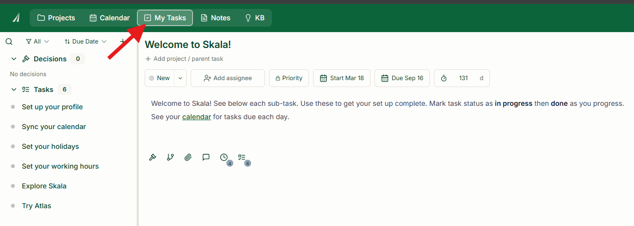 My Tasks navigation highlighted above the Welcome to Skala task and its six setup tasks