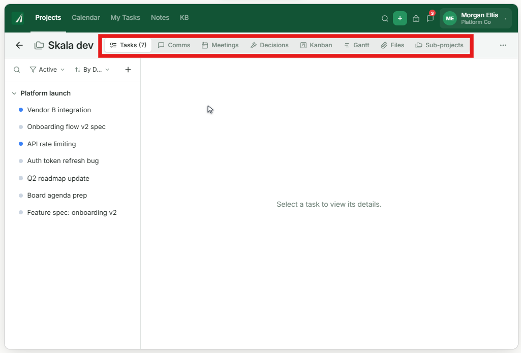 Skala project with Tasks, Comms, Meetings, Decisions, Kanban, Gantt, Files and Sub-projects navigation highlighted