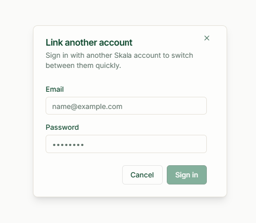Link another account dialog with Email and Password fields and the Sign in button