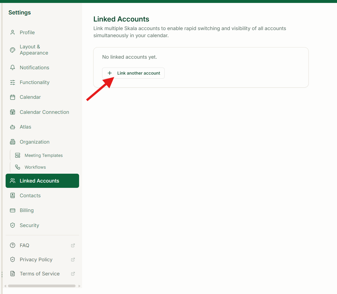 Linked Accounts settings showing No linked accounts yet and a red arrow pointing to Link another account