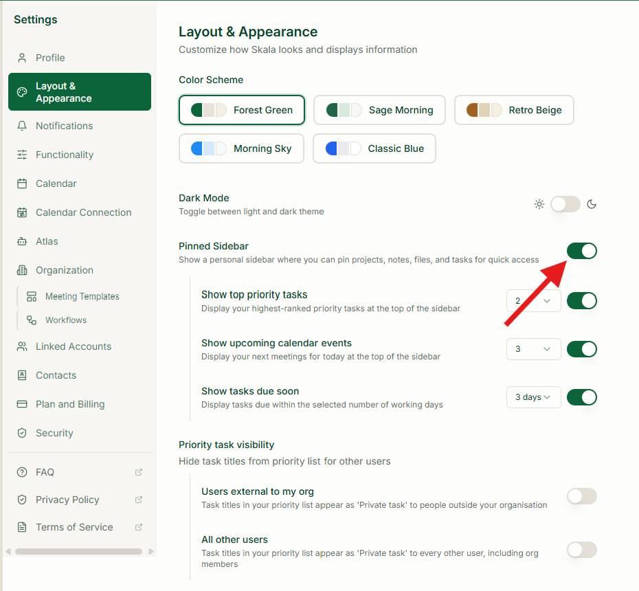 Layout & Appearance settings with Pinned Sidebar turned on and highlighted by a red arrow