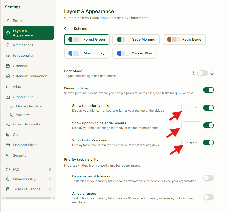 Layout & Appearance settings with arrows highlighting priority task count, upcoming event count, and due-soon working days