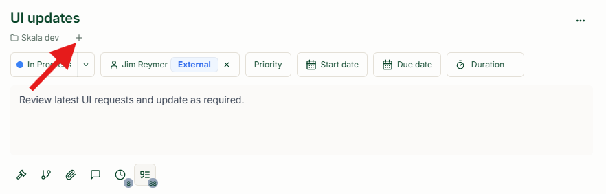 UI updates task with a red arrow pointing to the + button beside its project tag, used to add projects and parent tasks