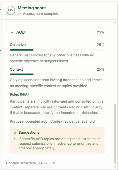 Expanded AOB assessment showing Objective, Context, Roles marked N/A and suggestions