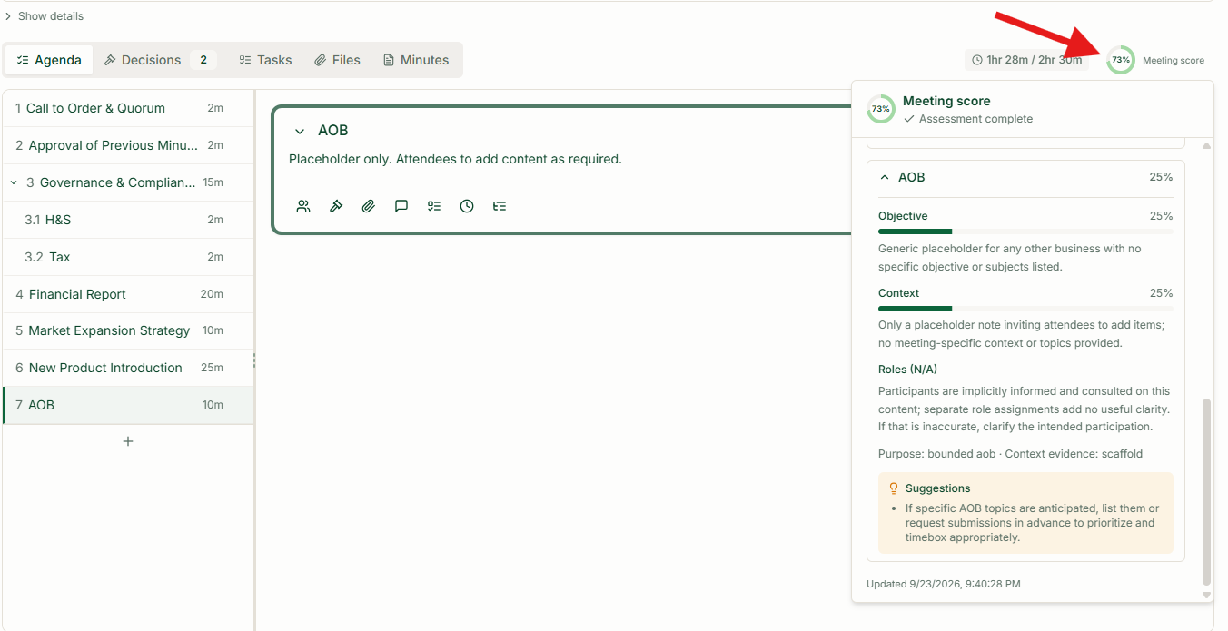 Meeting agenda with a red arrow pointing to the Meeting score indicator and its assessment panel open