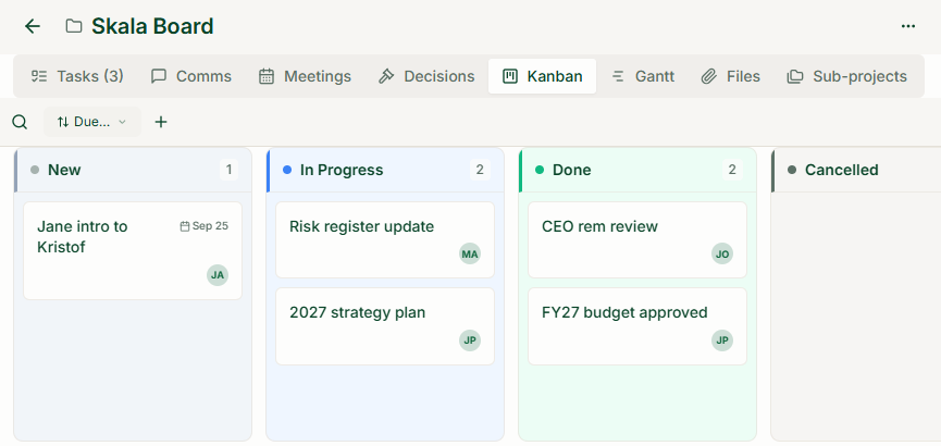 Skala Board Kanban showing actions in New, In Progress, Done and Cancelled columns