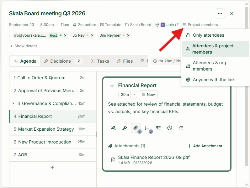 Skala Board meeting with an arrow pointing to the open access menu showing all four access options
