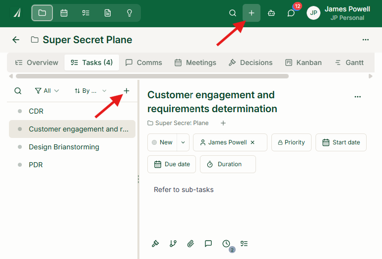 Project Tasks view with red arrows pointing to the + button in the header and the + button above the task list