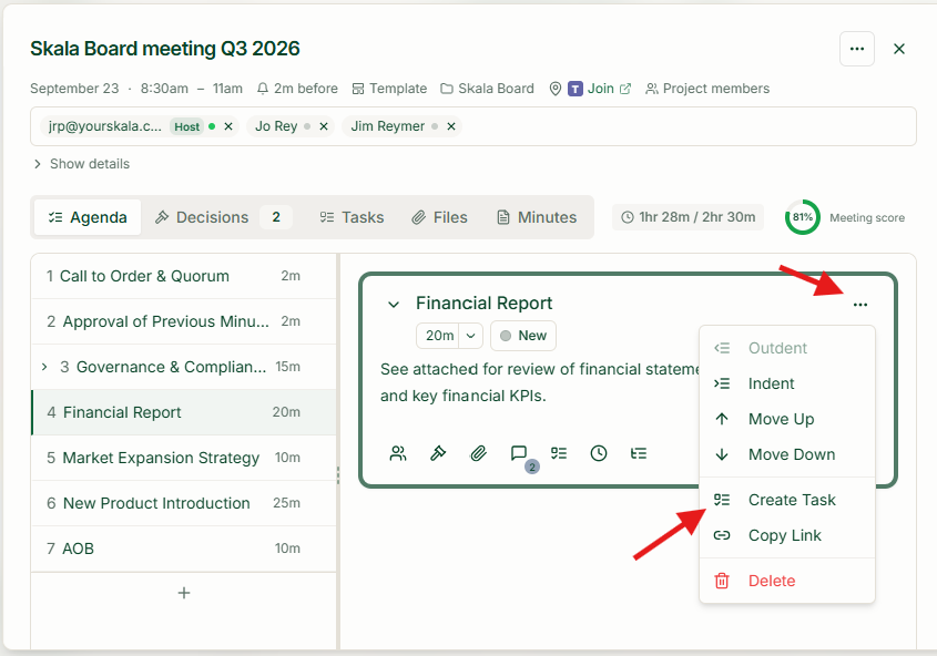Meeting agenda item with arrows pointing to its three-dot menu and the Create Task menu item