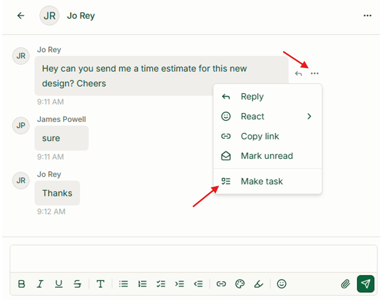 Message with arrows pointing to its three-dot menu and the Make task menu item