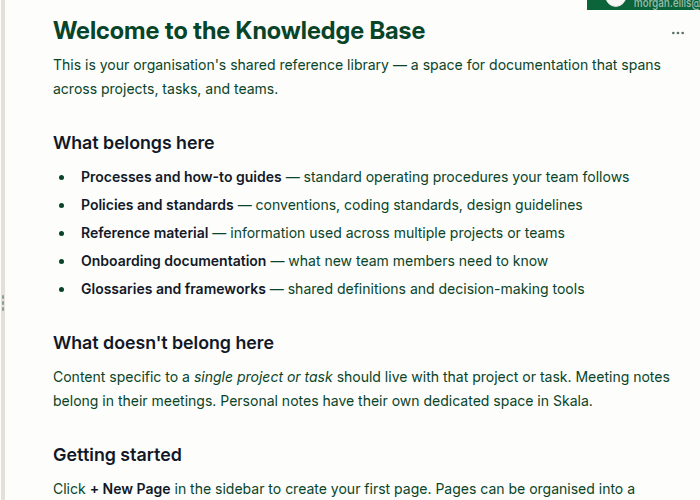 Skala Knowledge Base page with useful shared reference material