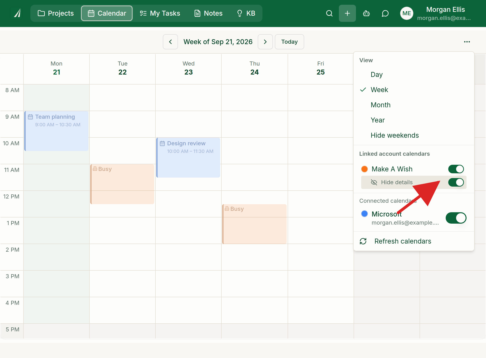 Demo account calendar menu with a red arrow pointing to the Hide details toggle under Linked account calendars