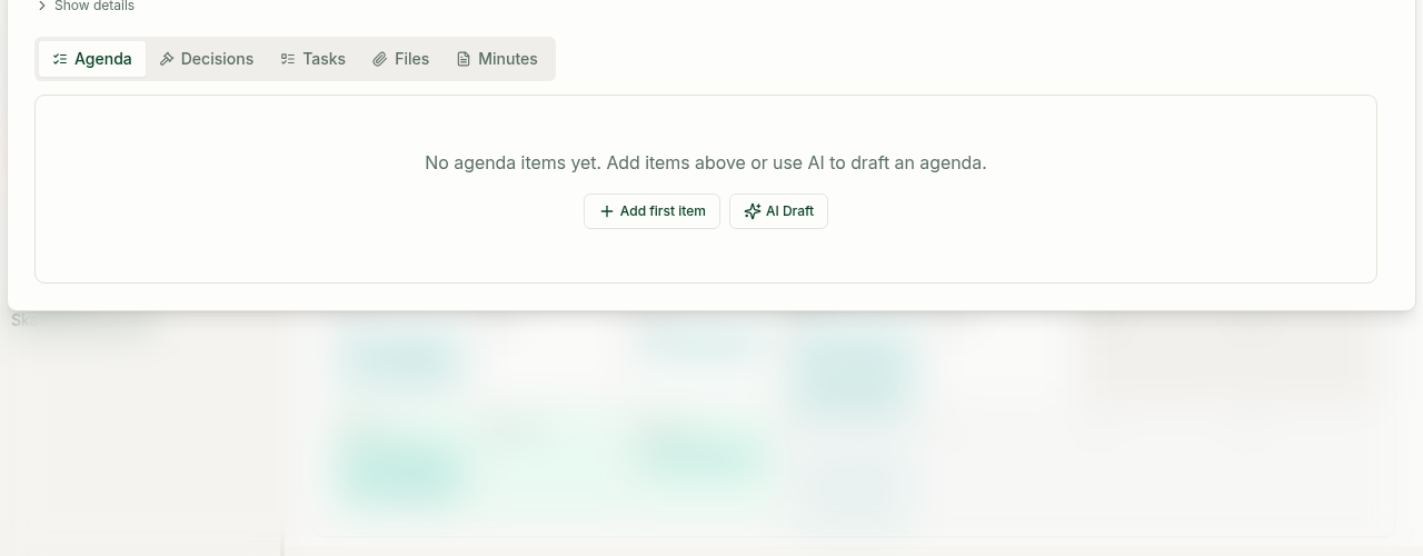 Empty meeting Agenda with Add first item and AI Draft