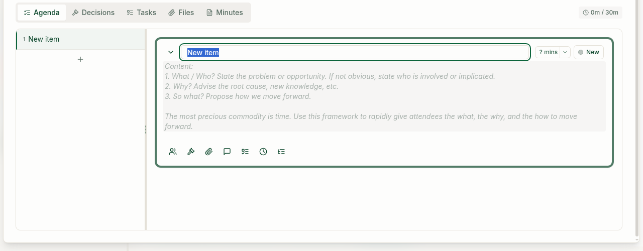 Expanded agenda item with its editable title, Content guidance and duration control
