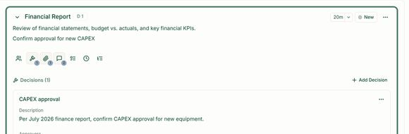 Skala meeting agenda with financial context and a linked decision