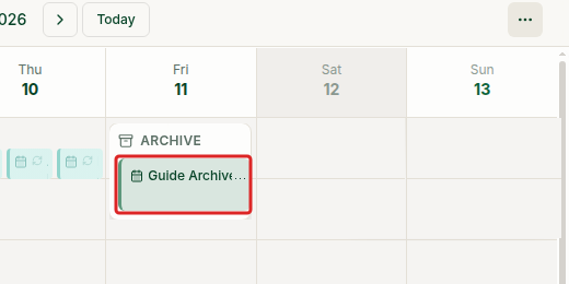Calendar Week view with the Archive tray inside Friday’s column and a red box around the archived meeting