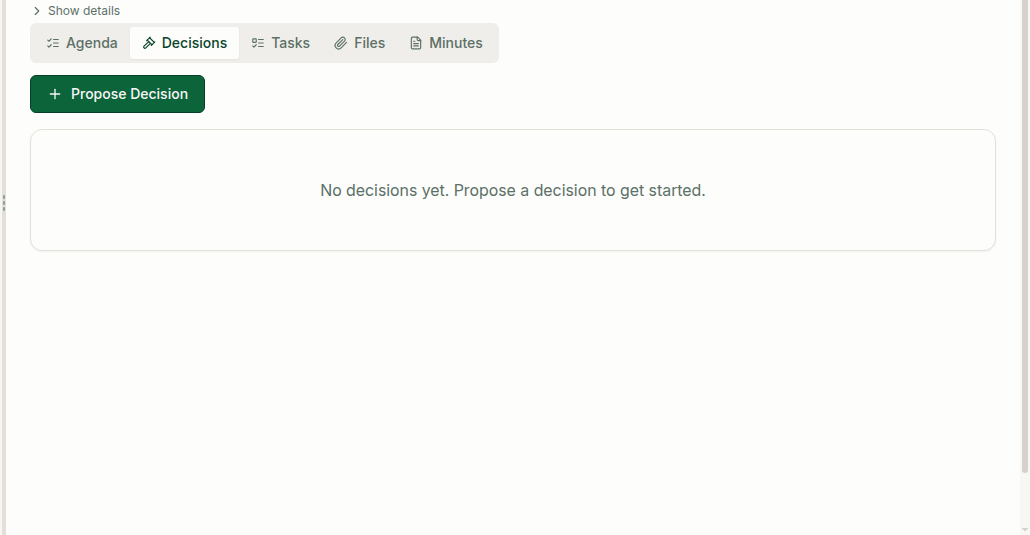 Empty Meeting Decisions tab with Propose Decision available