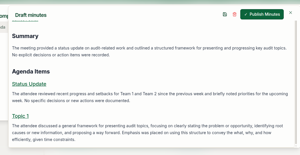 Draft meeting minutes with a summary, agenda-item records and Publish Minutes button