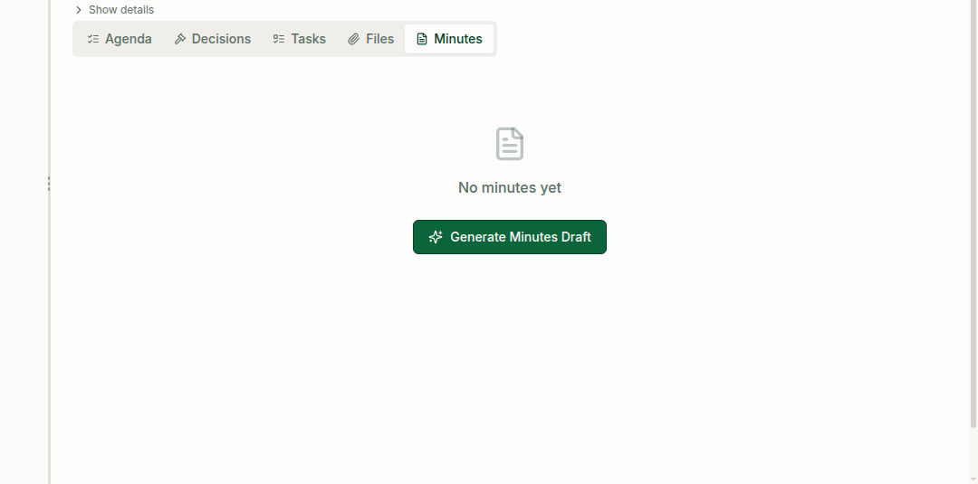 Host’s empty Minutes tab with Generate Minutes Draft