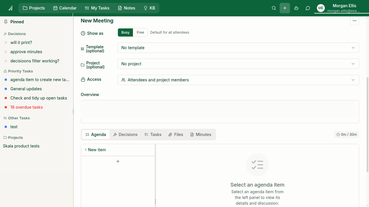 Meeting details expanded with the Overview field visible