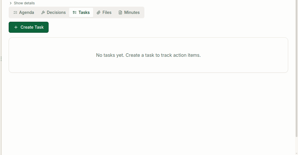 Empty Meeting Tasks tab with Create Task available