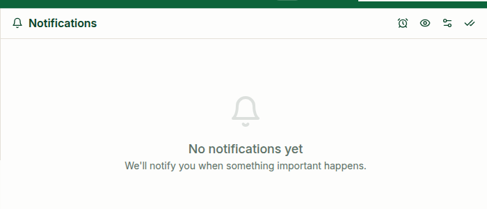 Notifications feed controls and the No notifications yet empty state