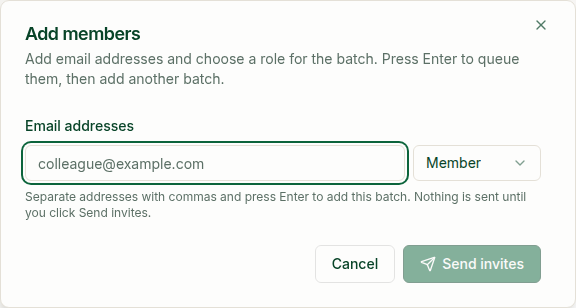 Add members dialog showing email addresses, role selection, and Send invites