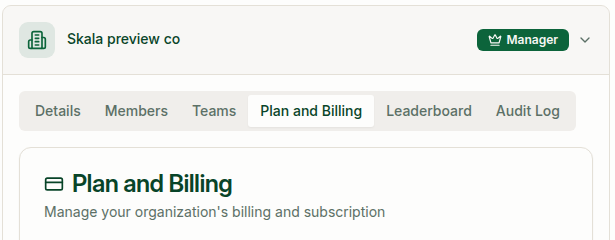 Organization expanded with the Plan and Billing tab selected