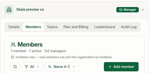 Organization expanded with Members selected and the Add member button visible