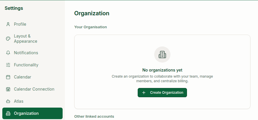 Settings sidebar with Organization selected and the organization setup page open