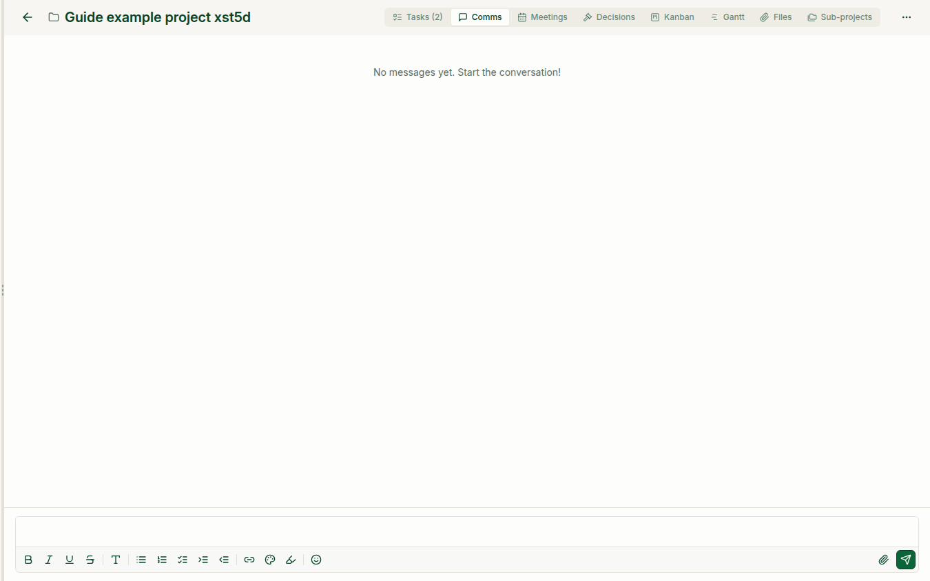 Project Comms tab with its conversation composer