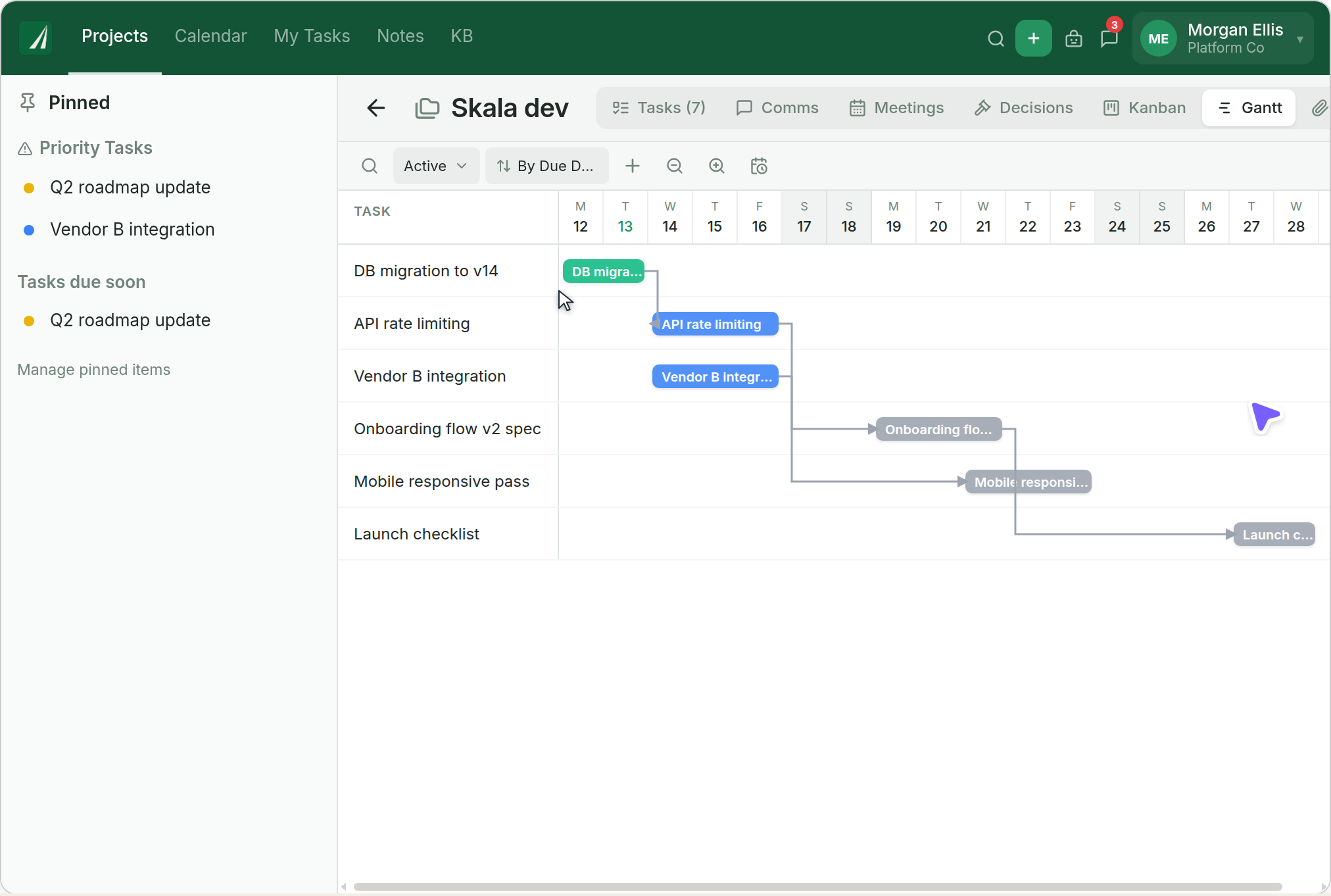 Skala project Gantt chart showing task schedules and dependencies